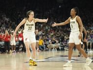 Indiana Fever guard Caitlin Clark with guard Kelsey Mitchell against the Phoenix Mercury at Footprint Center. Photo Credit: Imagn